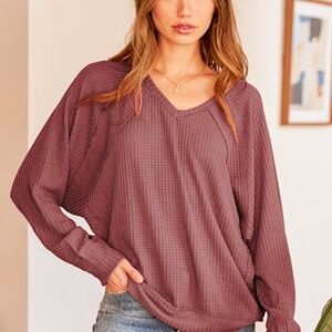 Lulus - Chill Time Washed Burgundy Waffle Knit Long Sleeve Top Red - Size M